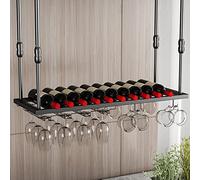 NHYHEHMR Porte-vin au Plafond et Porte-Verre à vin, Porte-Vide en métal avec Porte-Verre, Porte-Bouteille à vin Suspendu réglable, Porte-Tige à l'envers, Noir Mat (Taille: 120cmx30cm)
