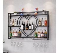 NHYHEHMR Racks à vin Mural, étagère en Bouteille en métal avec Porte-étalons, Porte-Verre à vin Noir, Barre de Bar à 3-Tiers étagères flottantes, Porte-Affiche de Rangement à vin Multi-Fonction