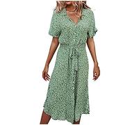 Ni_ka Robe Boheme Chic Chemise Robes à Lacets BoutonnéE à Col en V Et à Manches Courtes Women Dress Summer Noir Rose Taille S à XL