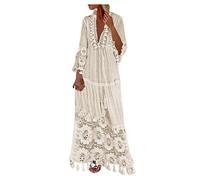 Ni_ka Robe Boheme Chic Jupe Longue FrangéE en Dentelle à Encolure en V Dress Femme Sexy Rose Taille S à 4XL Beige 44581 M