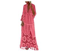 Ni_ka Robe Boheme Chic Jupe Longue FrangéE en Dentelle à Encolure en V Dress Femme Sexy Rose Taille S à 4XL, Ni_kadress44581