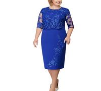Ni_ka Robe De SoiréE Grande Taille Chic Et Dentelle Robes Mere De La Mariee Mariage Invité éLéGante Au Genou Dress Summer Rouge Bleu XXL