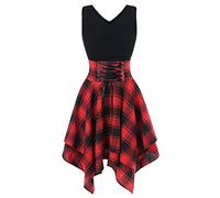 Ni_ka Robe irrégulière sans Bretelles à Bretelles croisées et à Carreaux Casual Robe Z1-rouge S 44633