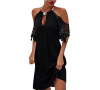 Ni_ka Robe Sexy Grande Taille Robes Courte à Manches Courtes Et éPaules DéNudéEs Chic Dress Femmes éTé Noir Rouge Taille S à 5XL, XXL, (Ni_kadress44593)