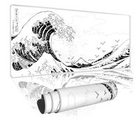 NIAEIAIE Tapis de Souris de Jeu Kanagawa Japonais, Motif Vague de mer, Blanc, Taille XL, Base en Caoutchouc antidérapant, imperméable, Grand Tapis de Clavier avec Bords Cousus pour Bureau et Maison,