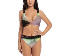 Niagara Falls Prinrt Maillot de bain 2 pièces pour femme avec col en V, Noir , L