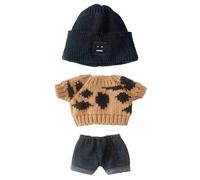 niannyyhouse Costume de poupée en peluche de 20 cm, chapeau + pull + short, ensemble de 3 pièces, chapeau carré pour poupée, short en denim, pull blanc (noir + marron)