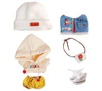 niannyyhouse Vêtements de poupée en peluche 10 cm, ensemble de petites fleurs rouges, chapeau élastique, sweat à capuche, pantalon, gilet, sac à dos, chaussures en toile douce pour déguisement (10 cm)