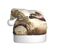 Nianyuer Chapeau de Père Noël imprimé Tour Eiffel Paris Chapeau de Père Noël Fun Party Headwear en peluche douce pour vacances en famille