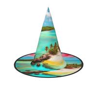 Nianyuer Chapeau de sorcière d'Halloween pour adultes, imprimé paysage des Caraïbes, chapeau pointu effrayant, chapeau léger pour fête costumée