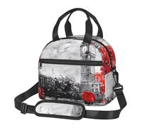 Nianyuer Sac isotherme de 6 litres - Rouge - Imprimé London Street - Sac à goûter réutilisable avec sangle pour le travail, le pique-nique, la préparation des repas