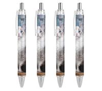 Niapessel Lot de 4 stylos à bille noirs rétractables à encre gel lisse à pointe fine de 0,5 pour l'école, le bureau, motif chat mignon, chaton