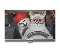 Niapessel Porte-cartes de visite en métal pour homme et femme - Motif chat amusant qui conduit une voiture - 9,4 x 5,6 x 0,8 cm, Un chat drôle conduit une voiture