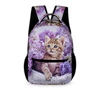 Niapessel Sac à dos d'école pour enfants, motif chaton mignon, fleurs violettes, sacs d'école pour filles et garçons, Chaton mignon fleur violette, One Size, Classique