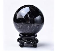 NIBHZ Boule de cristal sphère d'obsidienne noire naturelle, orbe de pierres | Boule de roche protectrice avec support en bois pour Reiki Chakra équilibrage méditation décoration d'étagère