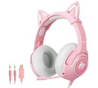 NiC IS COCNG Casque De Jeu Rose Oreilles De Chat 3,5 mm Filaire | avec Microphone Lumière LED, Son Surround 7.1, Design Rétractable, Pour PC Téléphone Portable Smartphone Enfants Adultes