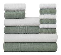 nice homeit runico Set de Serviettes 12 pièces, 100% Coton, Doux et très absorbants, Ensemble de Serviettes de Bain, Visage et Bidet, de différentes Tailles, fabriqué en Italie - Blanc Verte