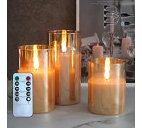 NICE POINT Bougie sans flamme LED, bougie en cire véritable rechargeable avec télécommande et minuterie, bougies électroniques en verre clair doré pour la décoration d'intérieur, lot de 3