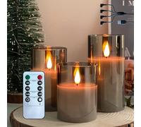 NICE POINT Bougie sans flamme LED, bougie en cire véritable rechargeable avec télécommande et minuterie, bougies électroniques en verre gris clair pour la décoration d'intérieur, paquet de 3