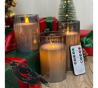 NICE POINT Bougie sans flamme LED, bougie en cire véritable rechargeable avec télécommande et minuterie, bougies électroniques en verre gris clair pour la décoration d'intérieur, lot de 3