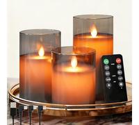 NICE POINT Bougies LED Rechargeables Flamme Vacillante Sans Fil, Télécommande Minuterie 2/4/6/8h, 5 Luminosités, Lot de 3 Bougies en Verre Transparent Gris, Décoration Noël Sapin Table