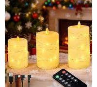 NICE POINT Lot de 3 bougies LED sans flamme, rechargeables en cire véritable avec télécommande et minuterie, mèche de bougie oscillante, bougies électroniques avec guirlande lumineuse pour décoration