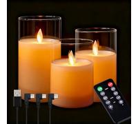 NICE POINT Lot de 3 bougies LED sans flamme, rechargeables en cire véritable avec télécommande et minuterie, mèche de bougie oscillante, bougies électroniques en verre blanc transparent pour