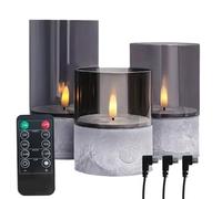 NICE POINT Lot de 3 bougies piliers rechargeables sans flamme LED clignotantes en cire véritable avec télécommande et minuteur, mèche artificielle, bougie électronique grise