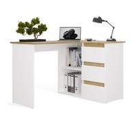 NICEA - bureau d'angle avec rangement - 3 tiroirs + 2 etagères - 120x48,5x75 cm - bureau d'ordinateur - Artisan Blanc