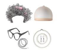 Nicear Ensemble de costume de grand-mère avec 7 accessoires comprenant une perruque, un collier, des boucles d'oreilles, un bracelet, des bigoudis, des lunettes et plus encore