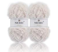 NICEEC 2 écheveaux de fil en fausse fourrure super doux et moelleux pour crochet - Longueur totale 2 × 32 m, 50 g x 2 (blanc crème)