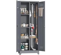 NICEGDLT Armoire de rangement pour balais avec serrure, armoire de rangement à outils de 165,1 cm de haut avec panneau perforé et tige de suspension, armoire utilitaire avec 3 étagères pour la maison