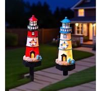Niceminiwall Phare de jardin solaire en résine - 43,2 cm de haut avec lumière LED chaude, résistant aux intempéries et marche/arrêt automatique pour cour, patio, cour (Re(rouge)