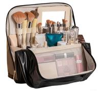 Niceminiwall Trousse de maquillage portable étanche en polyuréthane, grande capacité avec miroir intégré pour le voyage et l'organisation quotidienne du maquillage (noir)