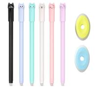 NiceNaiils Lot de 8 Accessoires École - 6 Stylos Chat Kawaii Stylo Effaçable Encre Thermosensible Bleue + 2 Gommes Beignet - Kit Papeterie Enfant et Stylo Roller pour Écriture Fluide et Bureau