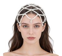 NICENEEDED 1920s Chaîne de Tête en Perles de Maille Coiffe Vintage à Perles et Pompons Blancs Roaring 20s Accessoires pour Cheveux et Bijoux pour Femmes Costumes de Mariage Mariées