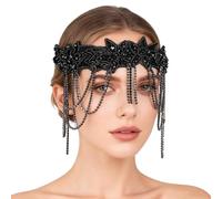 NICENEEDED 1920s Coiffe de Flapper Bandeau Roaring 20s avec Chaîne Décorative en Cristal Bandeau Noir Style Années (20) accessoire de Cheveux Vintage pour Femme