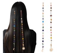 NICENEEDED 2 chaîne de Cheveux Tressée à Pompon Long Chaîne de Cheveux à Pompon en Forme D'Étoile et de Lune Bijou Décoratif en Pierre Concassée pour Queue de Cheval Accessoires