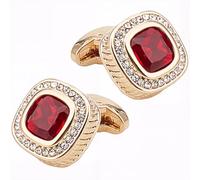 NICENEEDED 2 PCS Boutons de Manchette Carrés en Pierre Précieuse Rouge et Diamant Boutons de Manchette de Smoking en Cristal Plaqué Or Ensemble de Bijoux Élégant