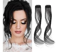 NICENEEDED 2 PCS Long Side Air Bangs, Bang Noir Naturel à Fausses Franges, Wavy Curly Clip In Bangs Thin Air Hair Bangs Synthétique Dragon Beard Bangs Extensions de Cheveux pour Femmes Filles