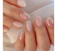 NICENEEDED 24 Faux Ongles Ovales Courts, Aurora Stick Sur les Ongles, Presse Rose Pailletée, à Colle Amovibles, Couverture Complète