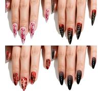 NICENEEDED 24 PCS Faux Ongles Halloween Ensemble de Faux Ongles French Tip avec Motifs Bordeaux Sanglants Faux Ongles Gothiques Noirs et Rouges pour Femmes