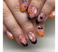 NICENEEDED 24 PCS Faux Ongles Halloween Faux Ongles Courts en Amande avec de Jolis Motifs de Citrouilles et de Toiles D'Araignée Fantômes Ongles Entièrement Recouverts de Colle pour Femme