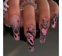 NICENEEDED 24 PCS Faux Ongles Halloween Faux Ongles Longs en Forme de Cercueil avec de Jolis Motifs de Fantômes Faux Ongles Motif Cœur Flamme Araignée et Crâne pour Femme