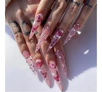 NICENEEDED 24 PCS Faux Ongles Papillon Stiletto Extra Longs Ongles French Press on Roses avec Un Magnifique Motif Nuage Amande Manucure Amovible Brillante pour Femmes
