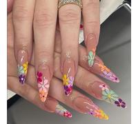 NICENEEDED 24 Pcs Fleur Stiletto Longue Presse Sur les Ongles, Faux Ongles en Forme de Fleur de Marguerite, Faux Ongles en Amande avec Motif Floral Coloré