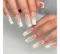 NICENEEDED 24 PCS Longue Étoile Carrée Strass Presse Sur les Ongles, Faux Ongles en Acrylique Brillant pour Bricolage, Pointe D'Ongle Blanche à Couverture Complète, Bâton Sur Faux Ongles pour Femmes