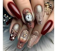 NICENEEDED 24 PCS Ongles à Coller de Noël Faux Ongles Cercueil Moyen avec Boules et Horloge Décoration de Manucure Artificiels à Paillettes Motif Verre à Vin Couverture Complète