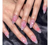 NICENEEDED 24 Pcs Ongles à Presser en Amande de la Saint Valentin Faux Ongles en Acrylique Rose avec Motifs en Forme de Cœur Ongles Artificiels Réutilisables