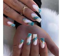 NICENEEDED 24 PCS Presse de Cercueil Vert Moyen Sur Faux Ongles, Bâton de Couverture Complète en Dégradé Acrylique Réutilisable Sur les Ongles pour le Bricolage, Faux Ongles Brillants